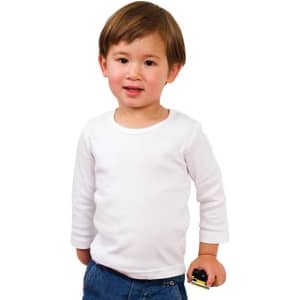 A white long-sleeve t-shirt for babies, worn by a young child, against a plain background.