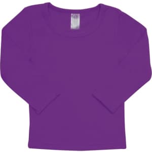 A long-sleeve t-shirt for babies in a vibrant purple colour. It has a simple design and a labelled neckline.