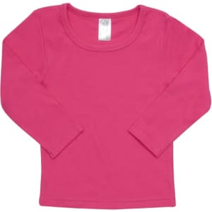 A pink long-sleeve T-shirt for babies, featuring a simple design and a label tag.