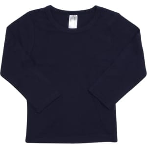A navy long-sleeve T-shirt for babies with a round neckline and a label inside.