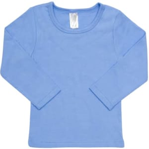 A blue long-sleeve T-shirt for babies with a round neckline and long sleeves. It features a tag inside.