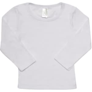 A white long-sleeve T-shirt for babies, featuring a round neckline and a label.