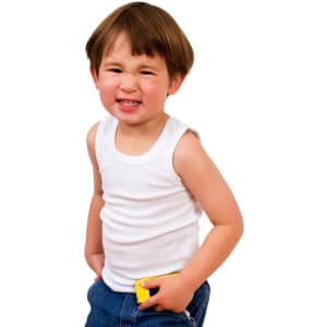 A white baby singlet is worn by a smiling young boy with brown hair, featuring denim shorts.