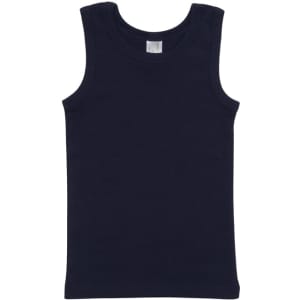 A navy blue baby singlet with no sleeves and a plain design, featuring a label inside.