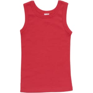 A red baby singlet featuring a sleeveless design, made from soft fabric, with a simple shape and no visible logos.