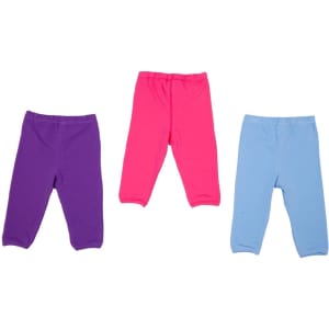 Three pairs of baby pants in purple, pink, and light blue, featuring elasticated waistbands.