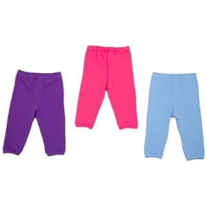 Three pairs of baby pants in purple, pink, and light blue, displayed side by side. Each pair has an elastic waistband.