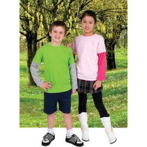 A green and grey long-sleeve t-shirt worn by a boy, and a pink and grey long-sleeve t-shirt worn by a girl, set in a grassy landscape.