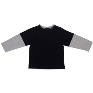 A kid's double sleeve T-shirt featuring a black body and grey sleeves, with a small button detail on one shoulder.