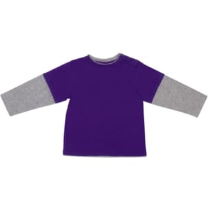A purple T-shirt with grey long sleeves and a button detail on the shoulder. It has a logo on the front.