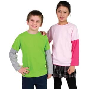 A green and grey double sleeve T-shirt on a boy, and a pink and grey double sleeve T-shirt on a girl, both smiling.