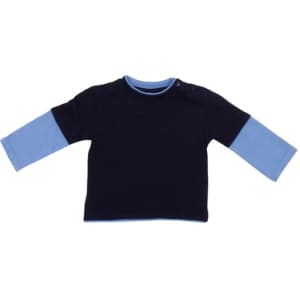 A Kid's Double Sleeve T-shirt in navy blue with light blue long sleeves, featuring a shoulder snap button and a logo.
