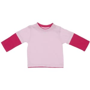 A pink and white kid's double sleeve T-shirt featuring long pink sleeves and a snap button at the shoulder.