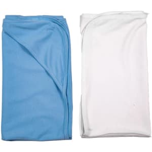 A baby blanket set featuring a light blue blanket and a white blanket, folded neatly next to each other.