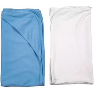 A set of two baby blankets in light blue and white, neatly folded, with a small logo on one blanket.