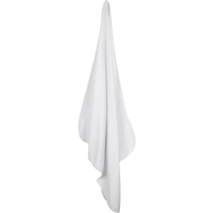 A white baby blanket displayed hanging downwards, featuring a smooth and soft texture. It has a logo or branding present.