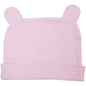 A pink beanie with rabbit ears, featuring a folded cuff and a simple design. It has a logo on the side.