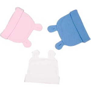 Three beanies named "Rabbit Ears" in pink, blue, and white, featuring bunny ear accents. Each has a logo.