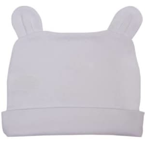 A white beanie featuring rabbit ears and a folded cuff. It has a logo on the side.