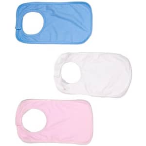 A set of three organic kids' bibs in blue, white, and pink, featuring a circular neck opening. Each has a logo.