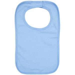 A blue organic kids bib with a rounded neckline and a simple design. It features a brand logo.