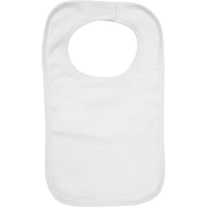 A white organic kids bib with a rounded neckline and stitched edges. It features a logo at the top.