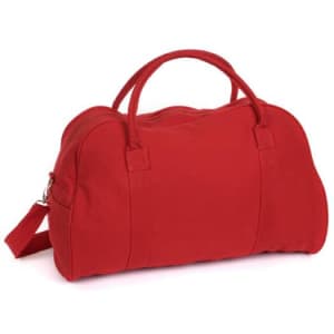 A red duffle bag with two handles and a removable shoulder strap, featuring a logo on the front.