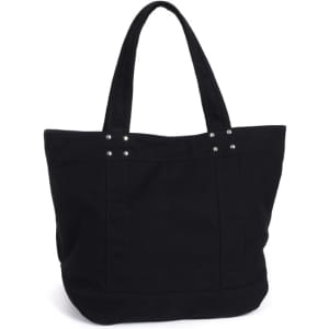A black tote bag with decorative studs and two sturdy handles, featuring a spacious design.