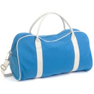 A blue bag with white trim and handles, featuring a shoulder strap. It has a logo on the side.