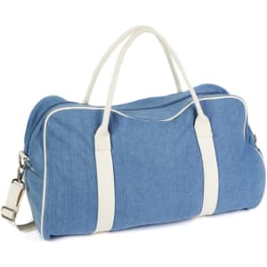 A blue denim bag with white detailing and handles, featuring a detachable shoulder strap.