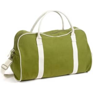 A green bag with white accents and handles, featuring a shoulder strap and a logo.