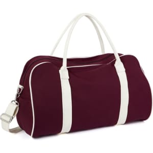 A burgundy bag with white straps and handles, featuring a logo on the side.