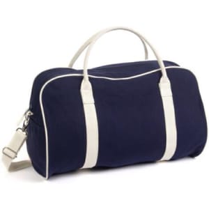 A navy bag with white accents and straps, featuring a shoulder strap and a logo.