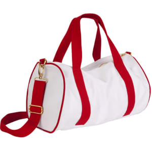 A white mini contrast bag with red straps and trim, featuring a shoulder strap and gold hardware.