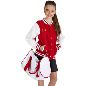 A girl in a red and white varsity jacket holds a white and red Mini Contrast Bag with a shoulder strap.