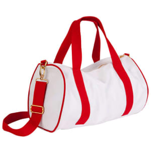 A white mini contrast bag with red accents and handles, featuring a detachable shoulder strap and a logo.