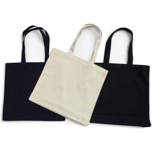 A set of three tote bags in black and cream, featuring sturdy handles and a simple design. One bag is smaller than the others.