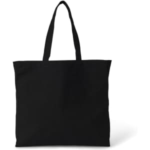 A black heavy tote bag with two handles and a simple design, featuring a logo.
