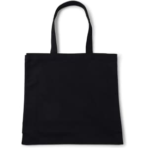 A black tote bag with two shoulder straps and a simple design. It features a logo on one side.