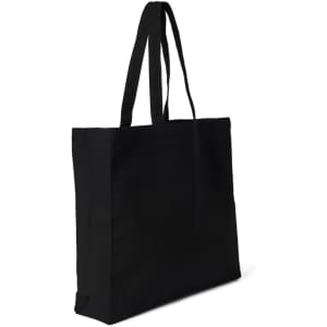 A black heavy tote bag with long handles and a simple design. It features a logo on one side.
