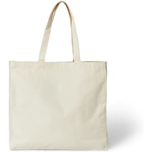 A cream-coloured tote bag with sturdy handles and a plain design, featuring a branding logo.
