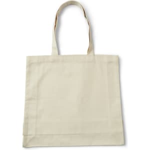 A cream-coloured tote bag with long handles and a simple design, featuring a logo.