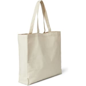 A cream-coloured tote bag with long straps and a simple design, featuring a logo.