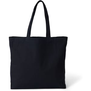 A black heavy tote bag with two long handles and a simple design. It features a logo on the side.