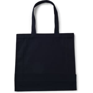 A black heavy tote bag with two handles and a simple design. Brand logo present on the bag.