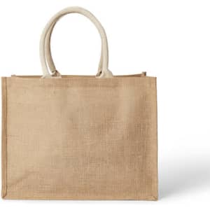 A jute tote bag in a natural beige colour with white handles and a simple design.