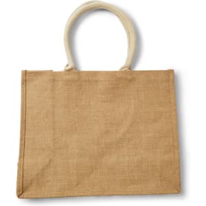 A jute tote bag in a natural brown colour with fabric handles, featuring a plain design.