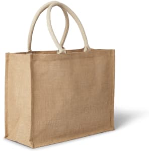 A natural jute bag with two cream-coloured handles, featuring a simple, unbranded design.