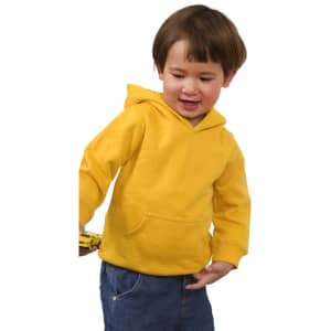 A toddler wearing a bright yellow fleece hoodie with a front pocket, set against a white background.