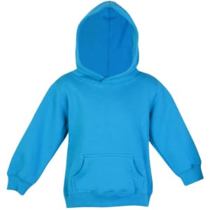 A bright blue baby fleece hoodie with a front pocket and a hood. It has long sleeves and a simple design.